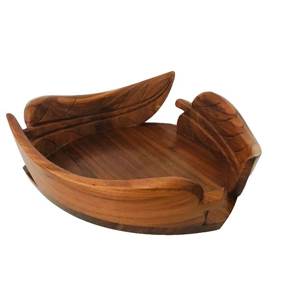 Vintage Solid Walnut Wood Mid Century Modern Bowl Leaf Motif MCM Decorative - Picture 3 of 10